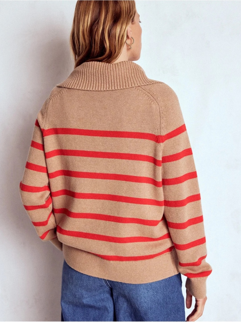 Boden Half Zip Pullover Sweater, Camel Melange with Red Stripes - Picture 2 of 6
